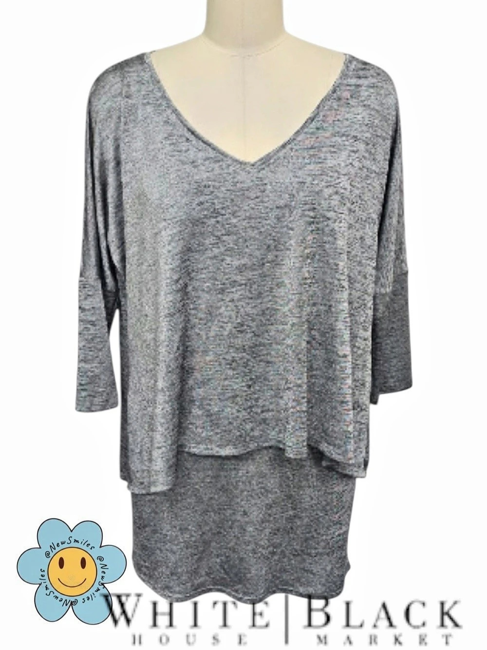 White House/Black Market ~Tunic/Shirt/Short Dress~Gray Silver Metallic ~V-Neck ~